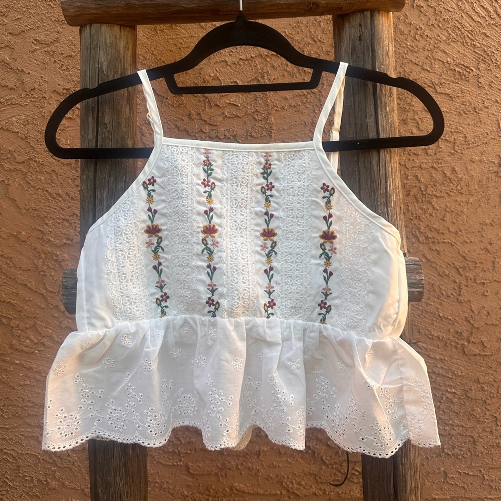 White Eyelet Peplum Crop Top with Floral Embroidery